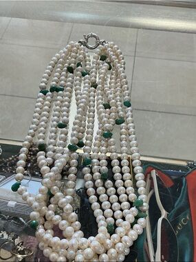 Multi-Strand White Pearl Necklace with Green Stone Accents